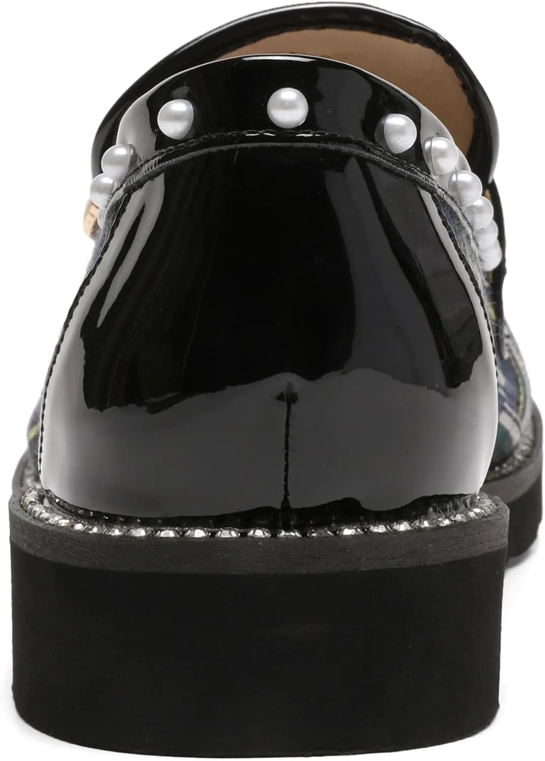Women's Plaid Lug Sole Penny Loafers,Ladies Sparkly Rhinestones Pearl Trendy Low Heel Slip on Dressy Holiday Shoe Round Toe Comfort Party Evening Glitter Memory Foam Shoe