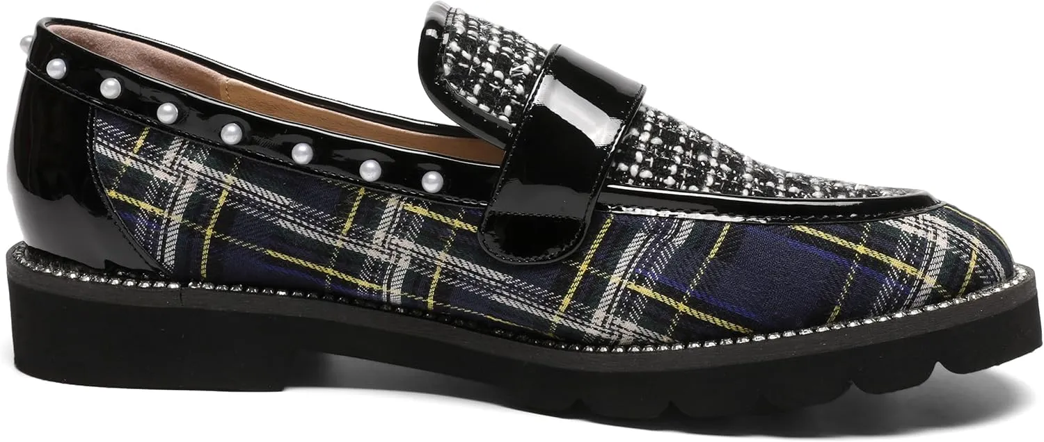 Women's Plaid Lug Sole Penny Loafers,Ladies Sparkly Rhinestones Pearl Trendy Low Heel Slip on Dressy Holiday Shoe Round Toe Comfort Party Evening Glitter Memory Foam Shoe