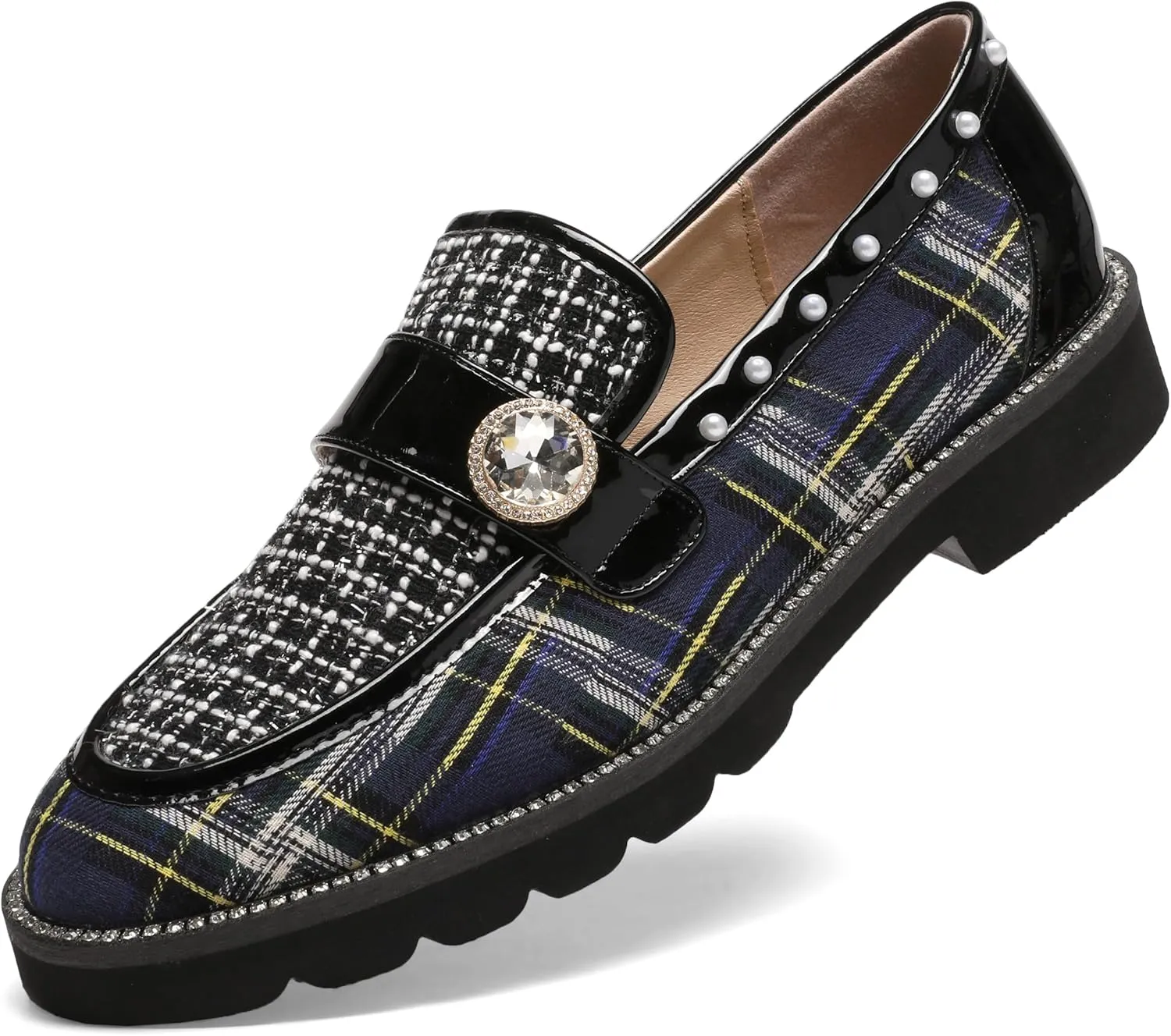 Women's Plaid Lug Sole Penny Loafers,Ladies Sparkly Rhinestones Pearl Trendy Low Heel Slip on Dressy Holiday Shoe Round Toe Comfort Party Evening Glitter Memory Foam Shoe