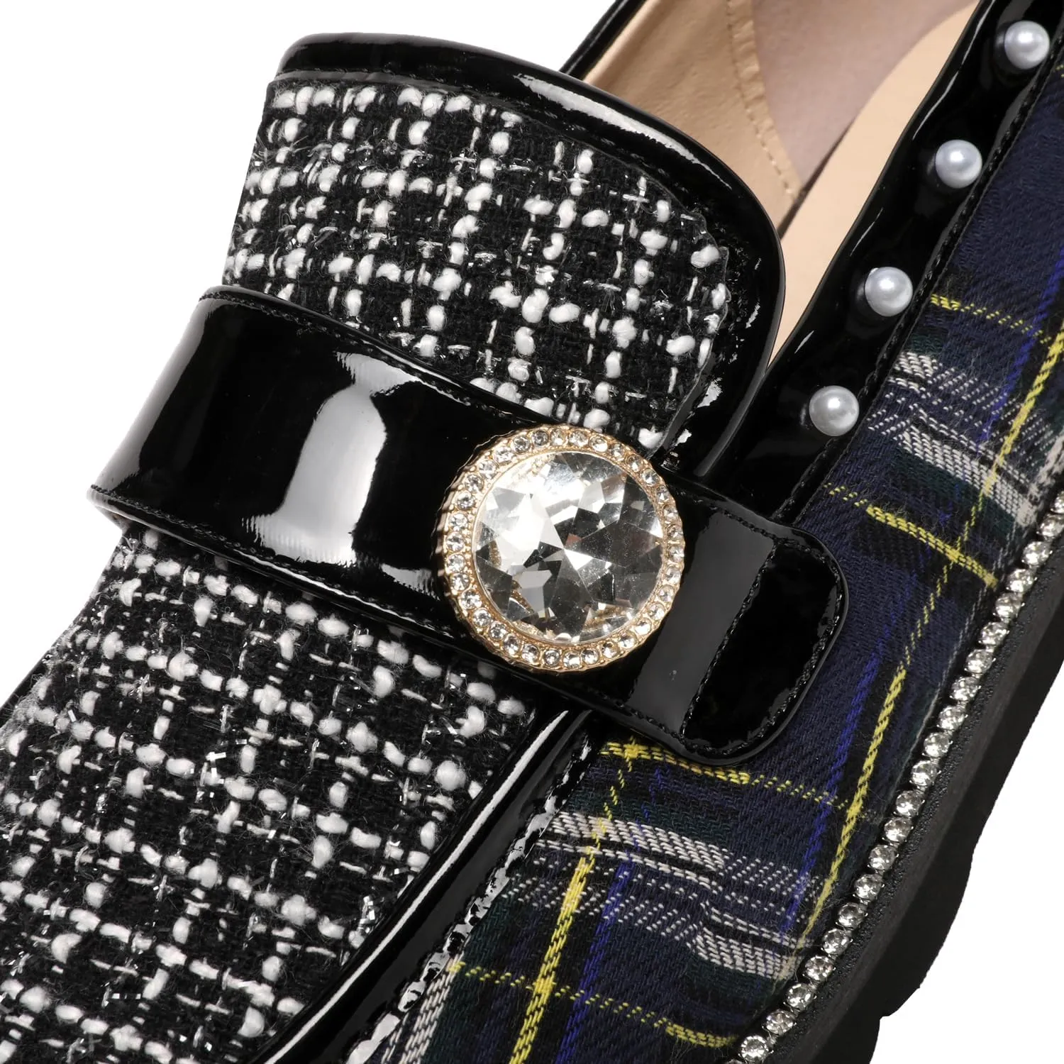 Women's Plaid Lug Sole Penny Loafers,Ladies Sparkly Rhinestones Pearl Trendy Low Heel Slip on Dressy Holiday Shoe Round Toe Comfort Party Evening Glitter Memory Foam Shoe