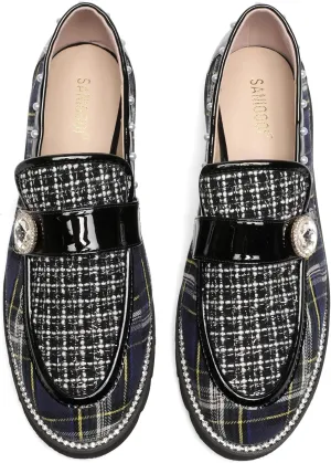 Women's Plaid Lug Sole Penny Loafers,Ladies Sparkly Rhinestones Pearl Trendy Low Heel Slip on Dressy Holiday Shoe Round Toe Comfort Party Evening Glitter Memory Foam Shoe