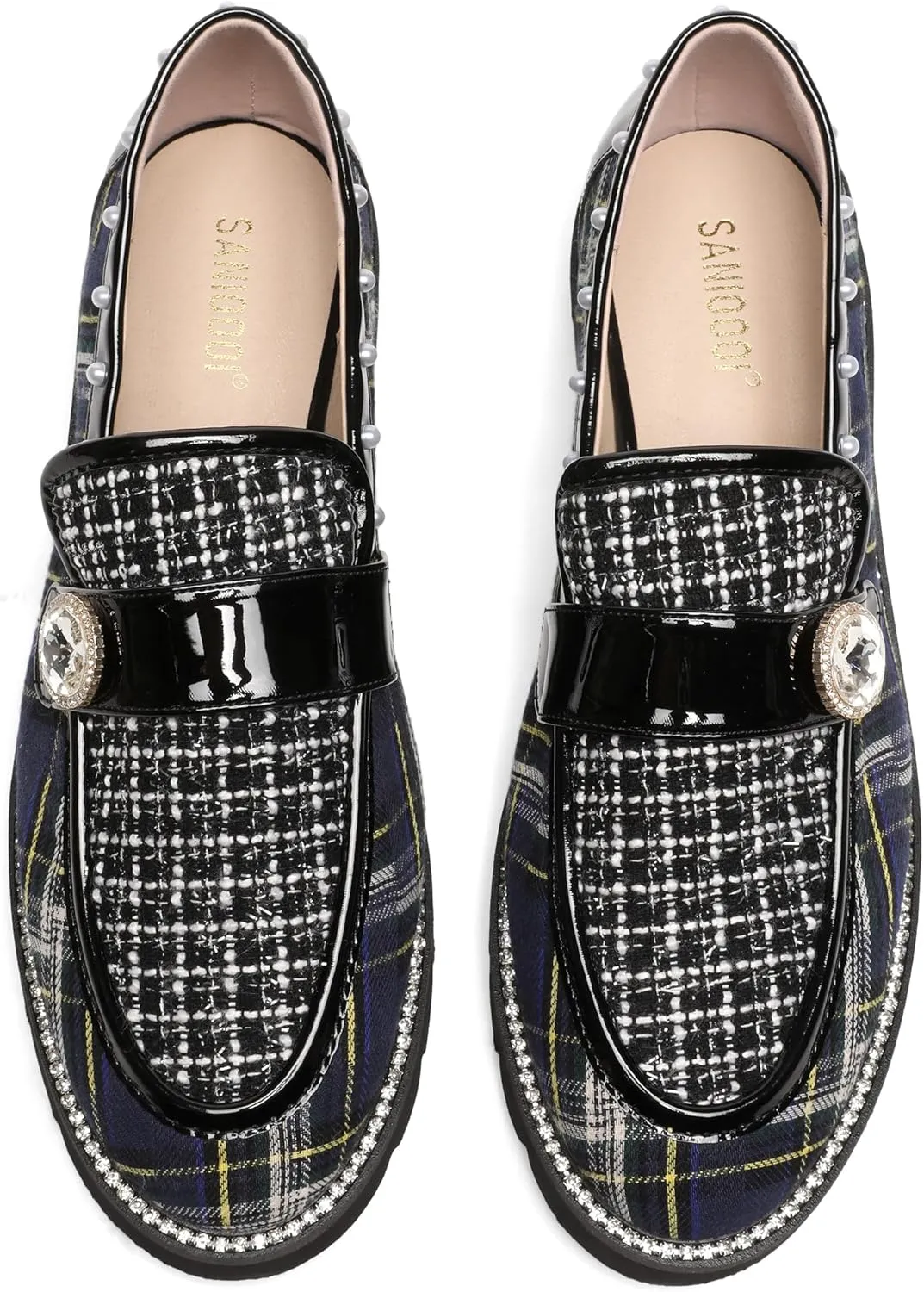Women's Plaid Lug Sole Penny Loafers,Ladies Sparkly Rhinestones Pearl Trendy Low Heel Slip on Dressy Holiday Shoe Round Toe Comfort Party Evening Glitter Memory Foam Shoe