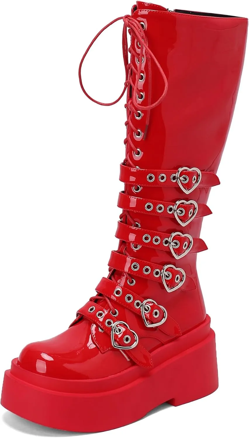 Women's Platform Knee High Boots Chunky Heel Lace-Up Waterproof Combat Punk Goth Motorcycle Boots Square Toe Anti-Slip Stylish Boots