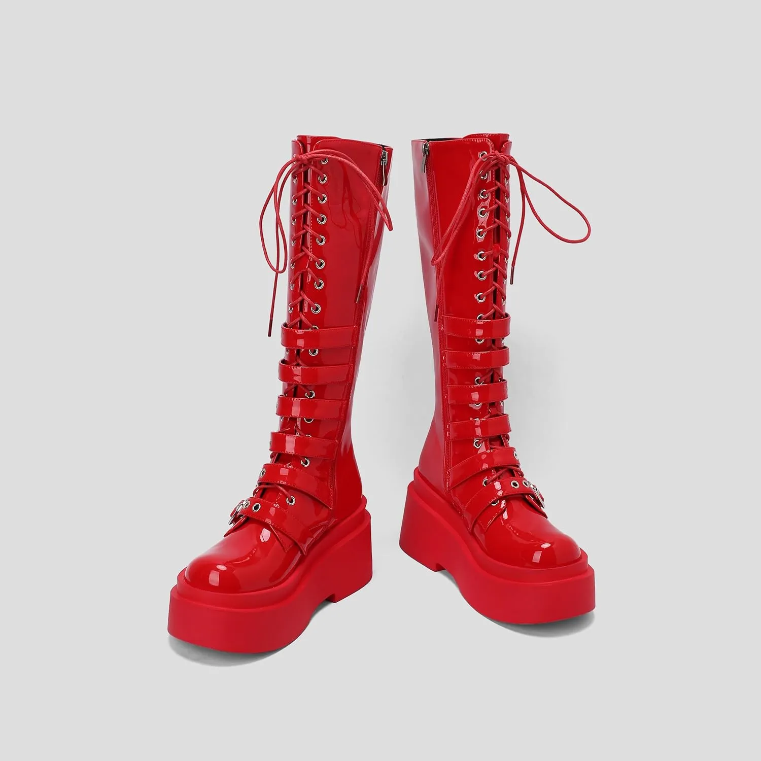 Women's Platform Knee High Boots Chunky Heel Lace-Up Waterproof Combat Punk Goth Motorcycle Boots Square Toe Anti-Slip Stylish Boots