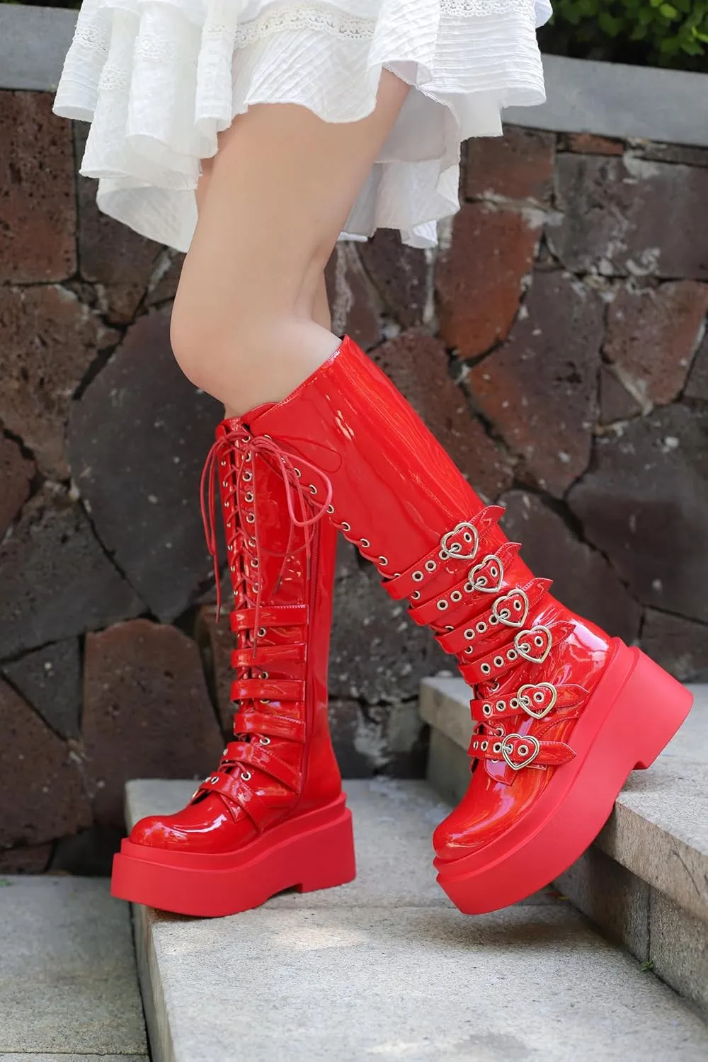 Women's Platform Knee High Boots Chunky Heel Lace-Up Waterproof Combat Punk Goth Motorcycle Boots Square Toe Anti-Slip Stylish Boots