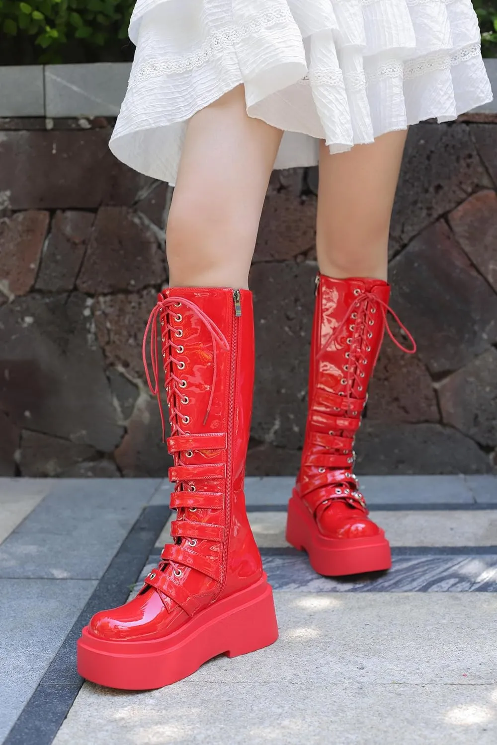 Women's Platform Knee High Boots Chunky Heel Lace-Up Waterproof Combat Punk Goth Motorcycle Boots Square Toe Anti-Slip Stylish Boots