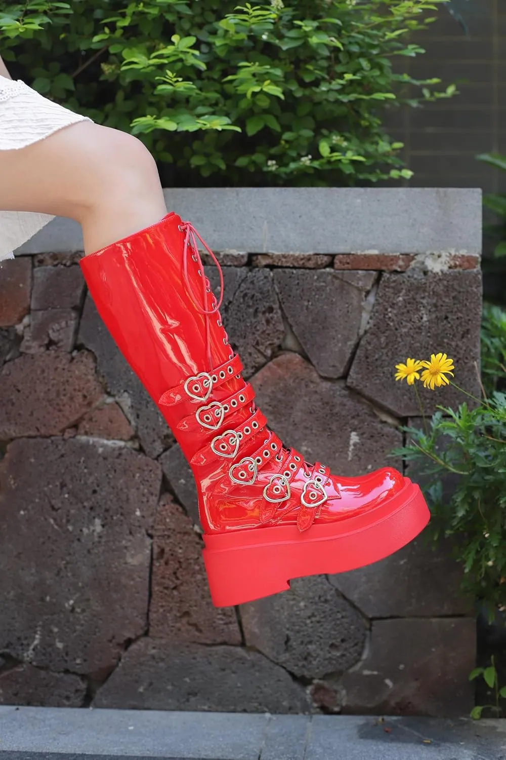 Women's Platform Knee High Boots Chunky Heel Lace-Up Waterproof Combat Punk Goth Motorcycle Boots Square Toe Anti-Slip Stylish Boots