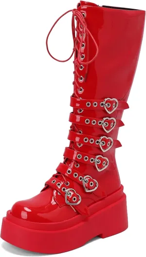 Women's Platform Knee High Boots Chunky Heel Lace-Up Waterproof Combat Punk Goth Motorcycle Boots Square Toe Anti-Slip Stylish Boots