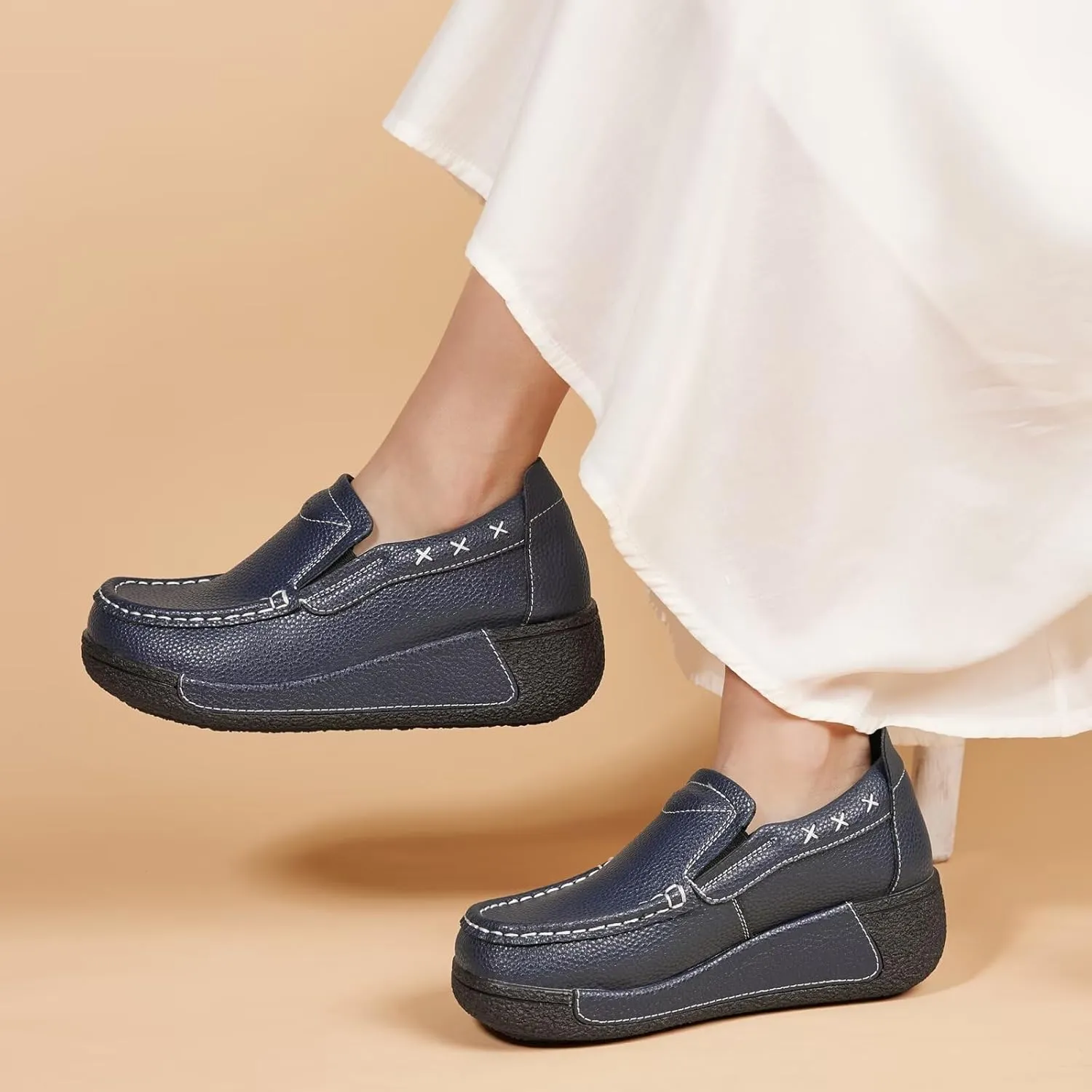 Women's Platform Leather Loafer Dress Walking Slip-On Comfort Chunky Work Shoes