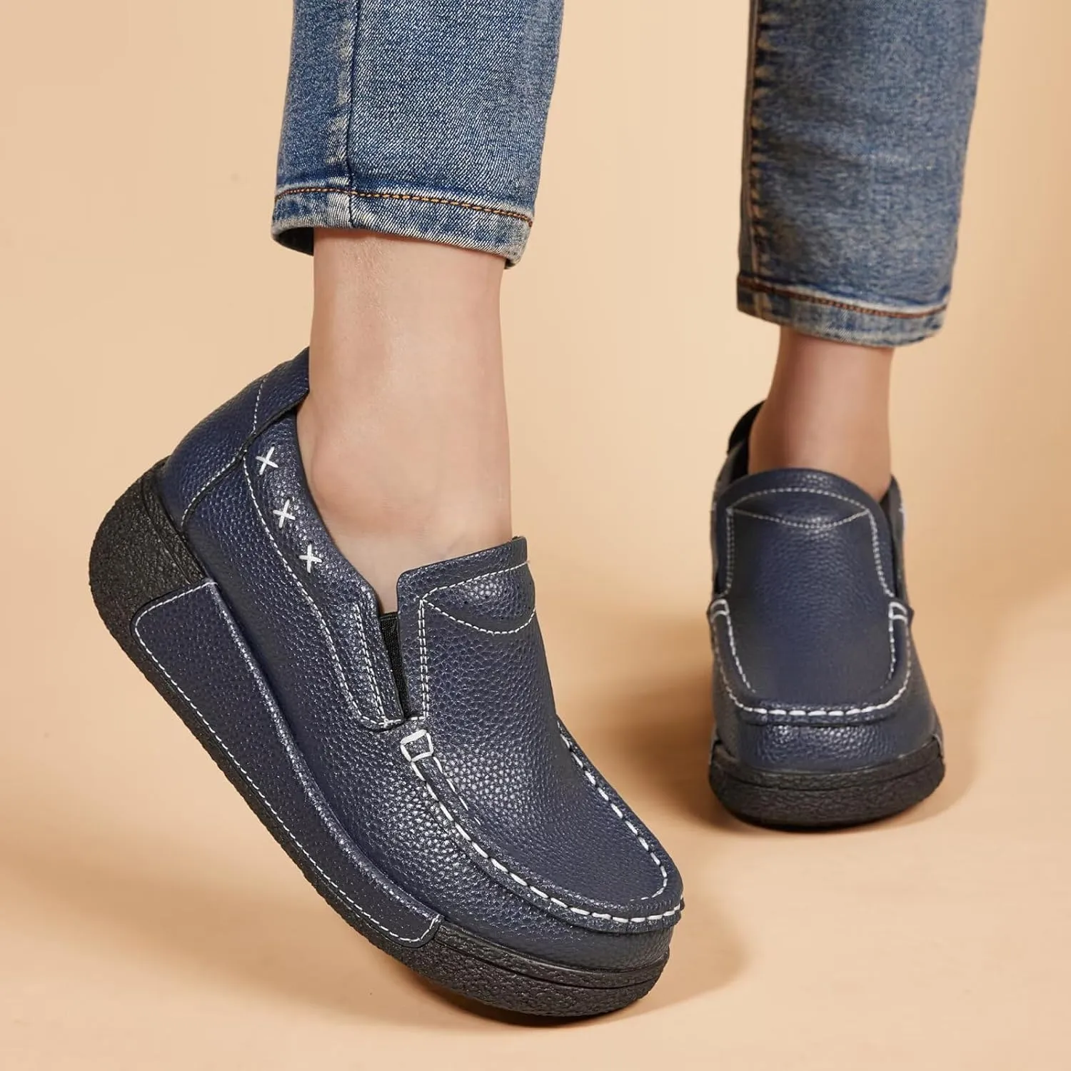 Women's Platform Leather Loafer Dress Walking Slip-On Comfort Chunky Work Shoes