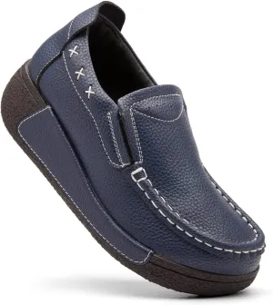 Women's Platform Leather Loafer Dress Walking Slip-On Comfort Chunky Work Shoes