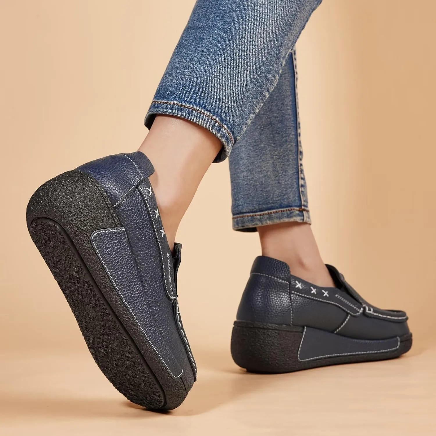Women's Platform Leather Loafer Dress Walking Slip-On Comfort Chunky Work Shoes