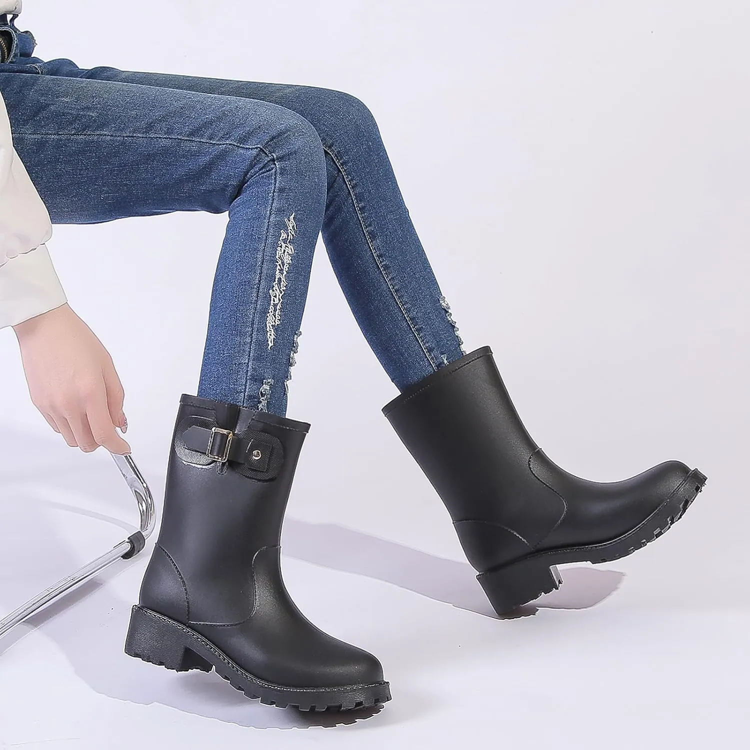 Women's Rain Boots Mid-Calf Waterproof, Comfort Rain Boots for Women Anti-slip Soft Outsole, Lightweight Rubber Chelsea Rain Boots for Garden, High-Heeled Rain Shoes for Outdoor
