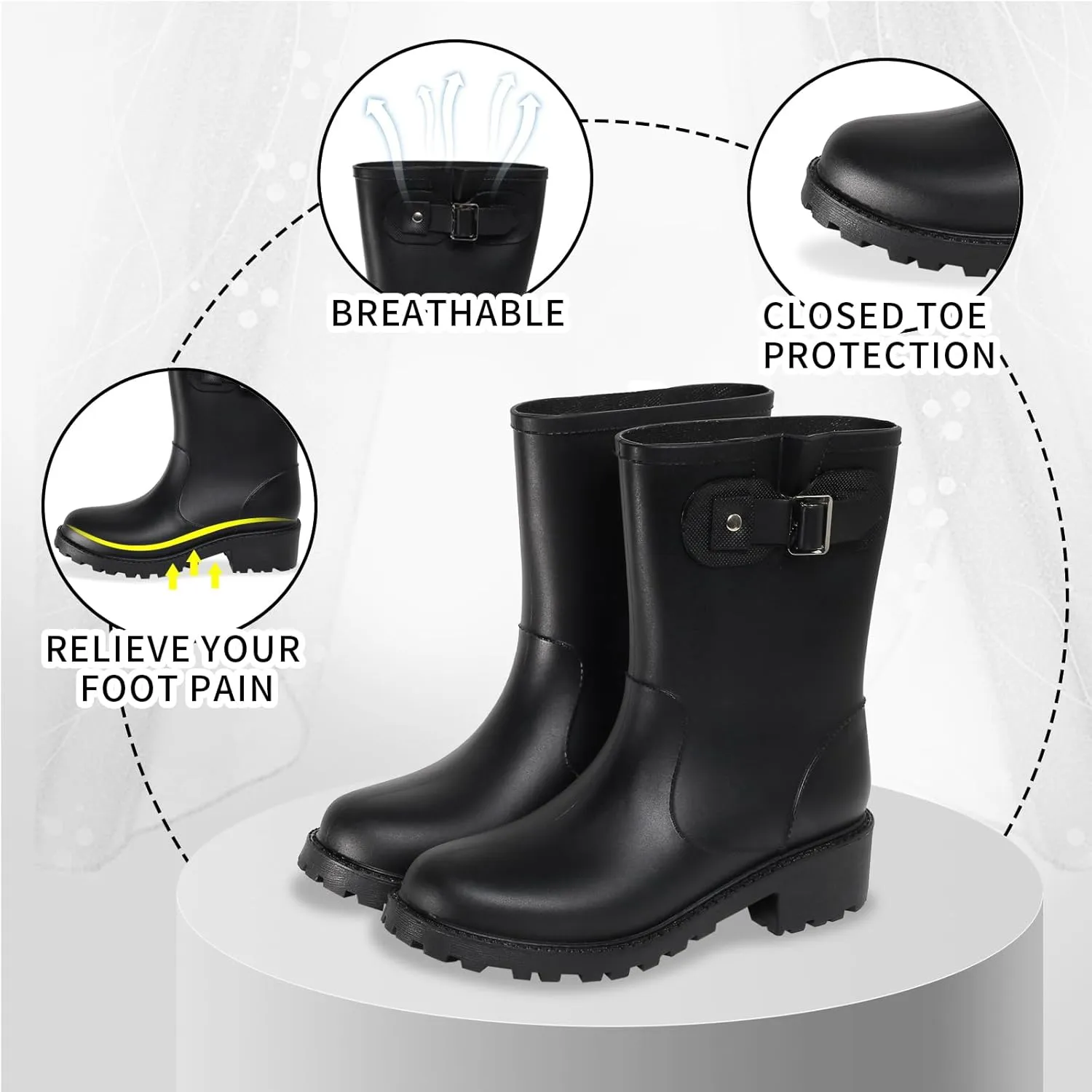 Women's Rain Boots Mid-Calf Waterproof, Comfort Rain Boots for Women Anti-slip Soft Outsole, Lightweight Rubber Chelsea Rain Boots for Garden, High-Heeled Rain Shoes for Outdoor