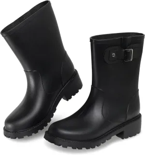 Women's Rain Boots Mid-Calf Waterproof, Comfort Rain Boots for Women Anti-slip Soft Outsole, Lightweight Rubber Chelsea Rain Boots for Garden, High-Heeled Rain Shoes for Outdoor