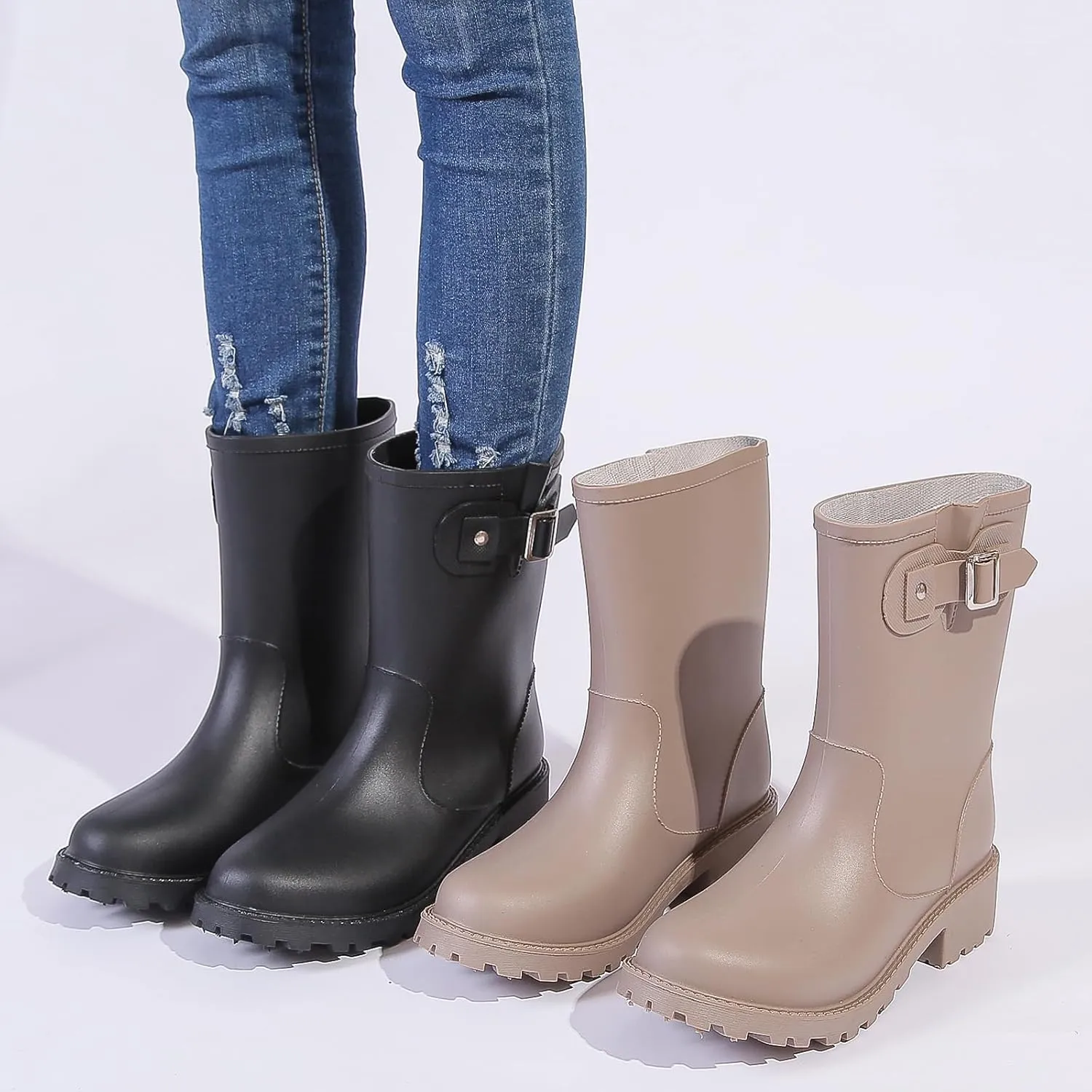 Women's Rain Boots Mid-Calf Waterproof, Comfort Rain Boots for Women Anti-slip Soft Outsole, Lightweight Rubber Chelsea Rain Boots for Garden, High-Heeled Rain Shoes for Outdoor