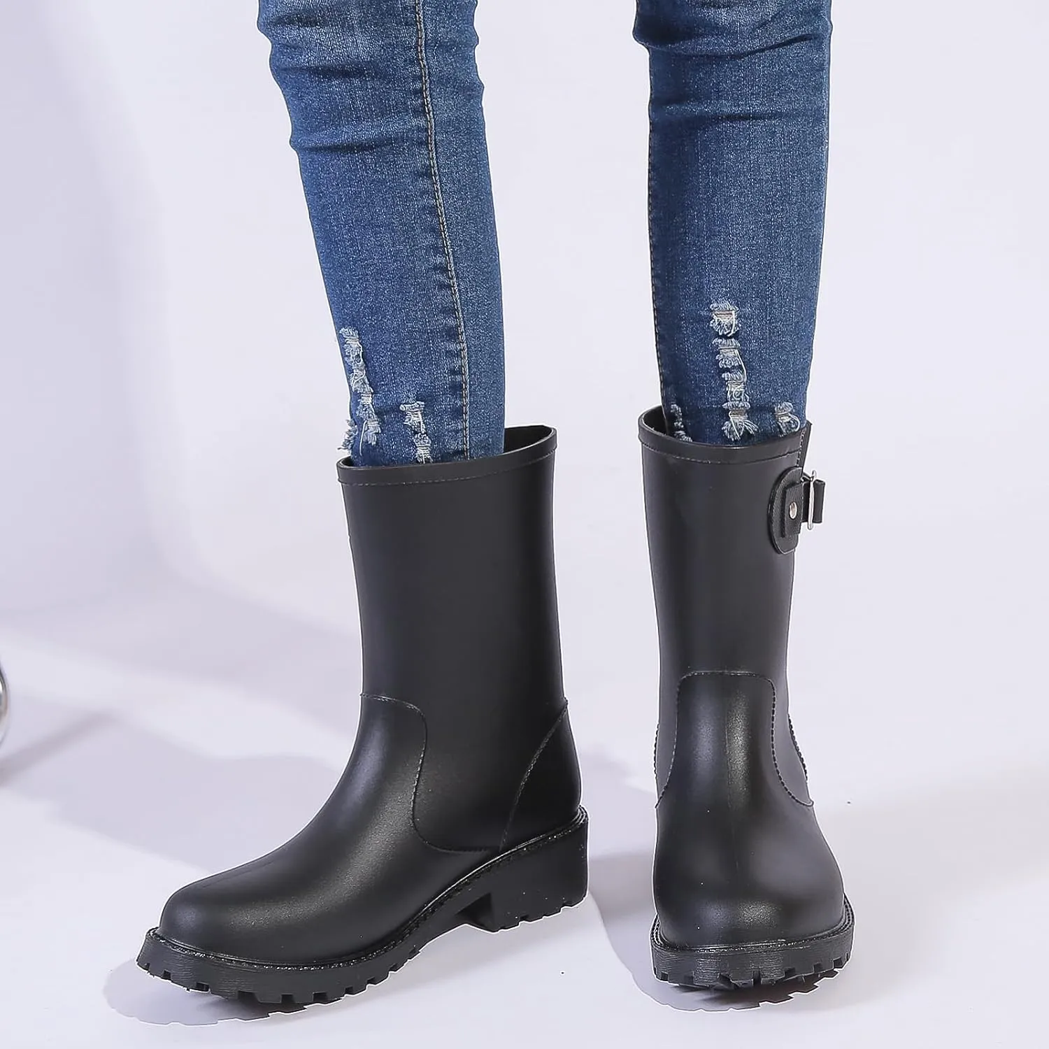 Women's Rain Boots Mid-Calf Waterproof, Comfort Rain Boots for Women Anti-slip Soft Outsole, Lightweight Rubber Chelsea Rain Boots for Garden, High-Heeled Rain Shoes for Outdoor