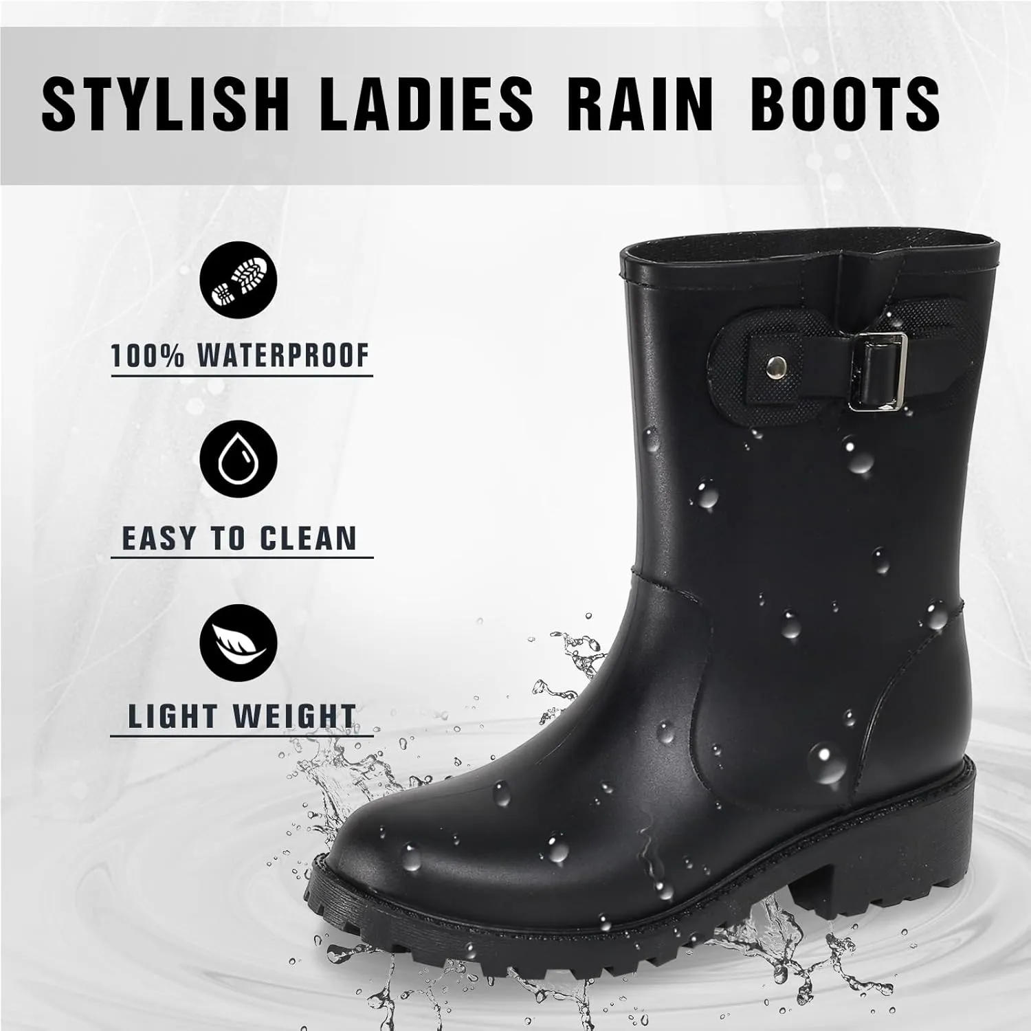 Women's Rain Boots Mid-Calf Waterproof, Comfort Rain Boots for Women Anti-slip Soft Outsole, Lightweight Rubber Chelsea Rain Boots for Garden, High-Heeled Rain Shoes for Outdoor
