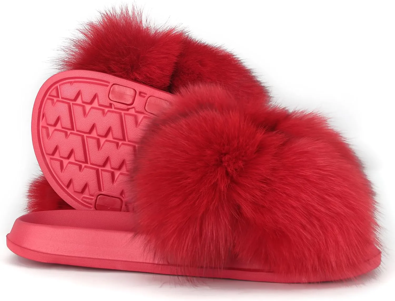 Women's Real Fox Fur Slides, Open-Toe Sandals, Indoor and Outdoor Non-Slip Slippers, Soft Pompom