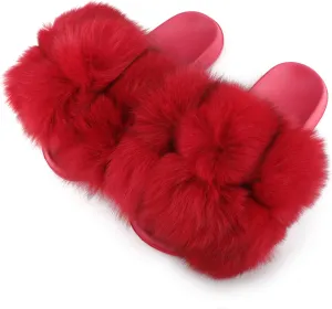 Women's Real Fox Fur Slides, Open-Toe Sandals, Indoor and Outdoor Non-Slip Slippers, Soft Pompom