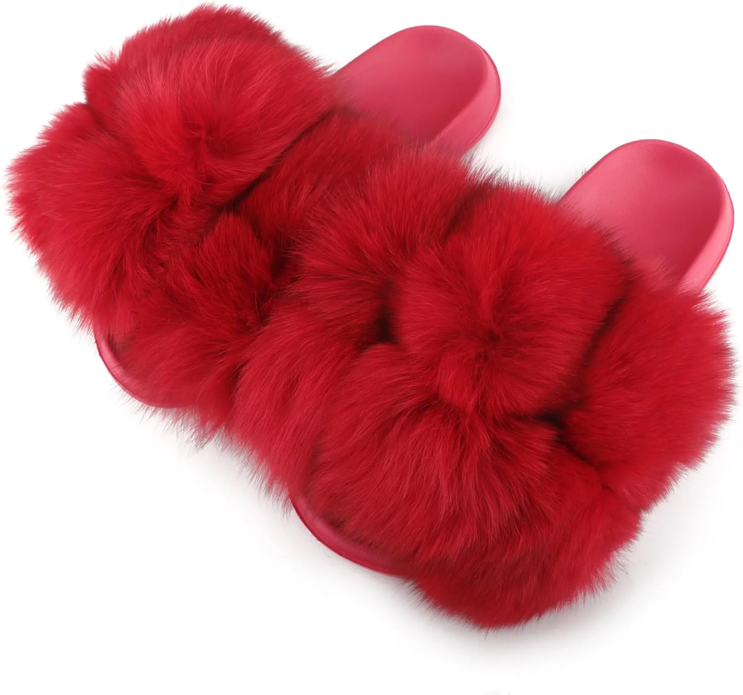 Women's Real Fox Fur Slides, Open-Toe Sandals, Indoor and Outdoor Non-Slip Slippers, Soft Pompom