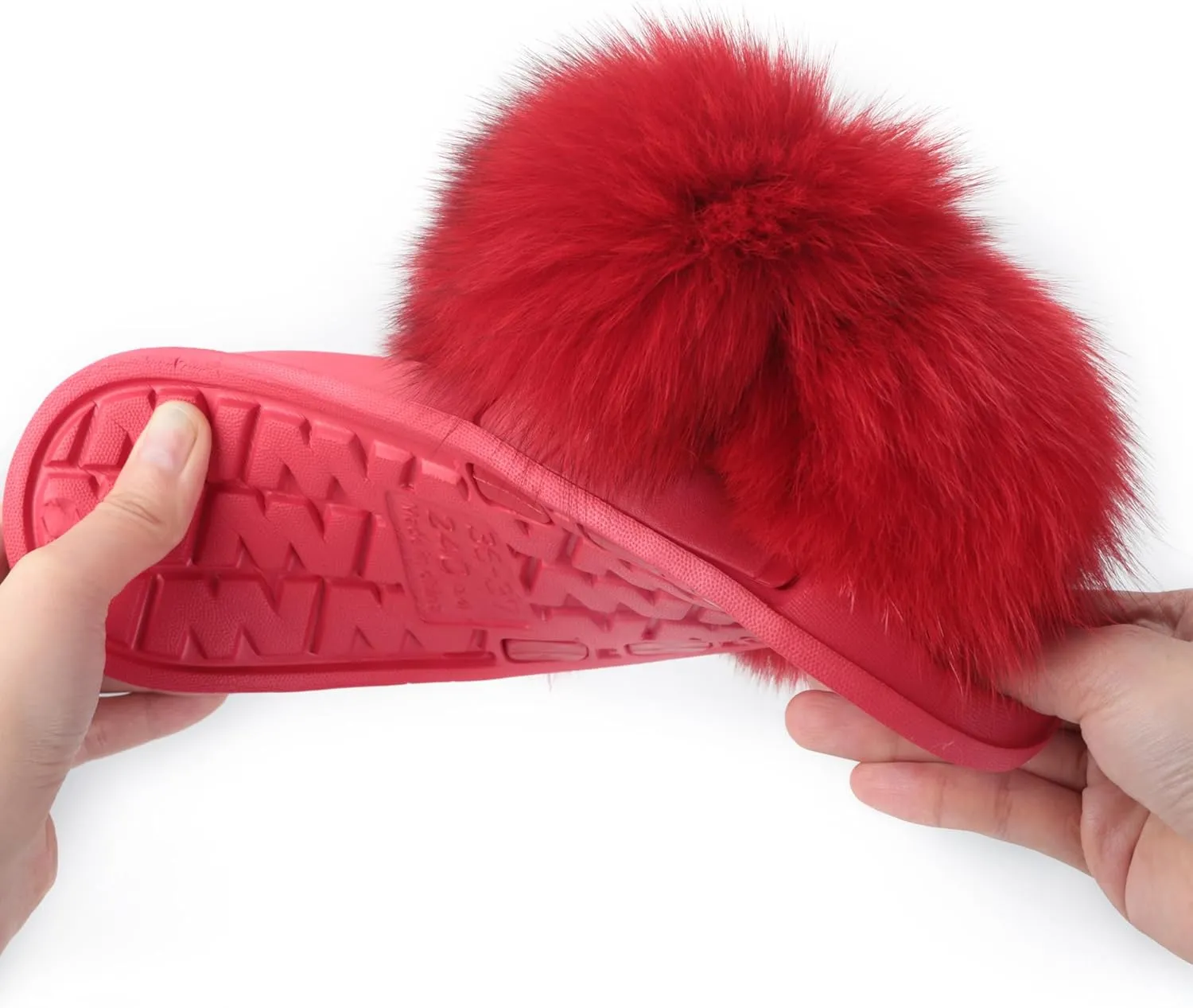 Women's Real Fox Fur Slides, Open-Toe Sandals, Indoor and Outdoor Non-Slip Slippers, Soft Pompom