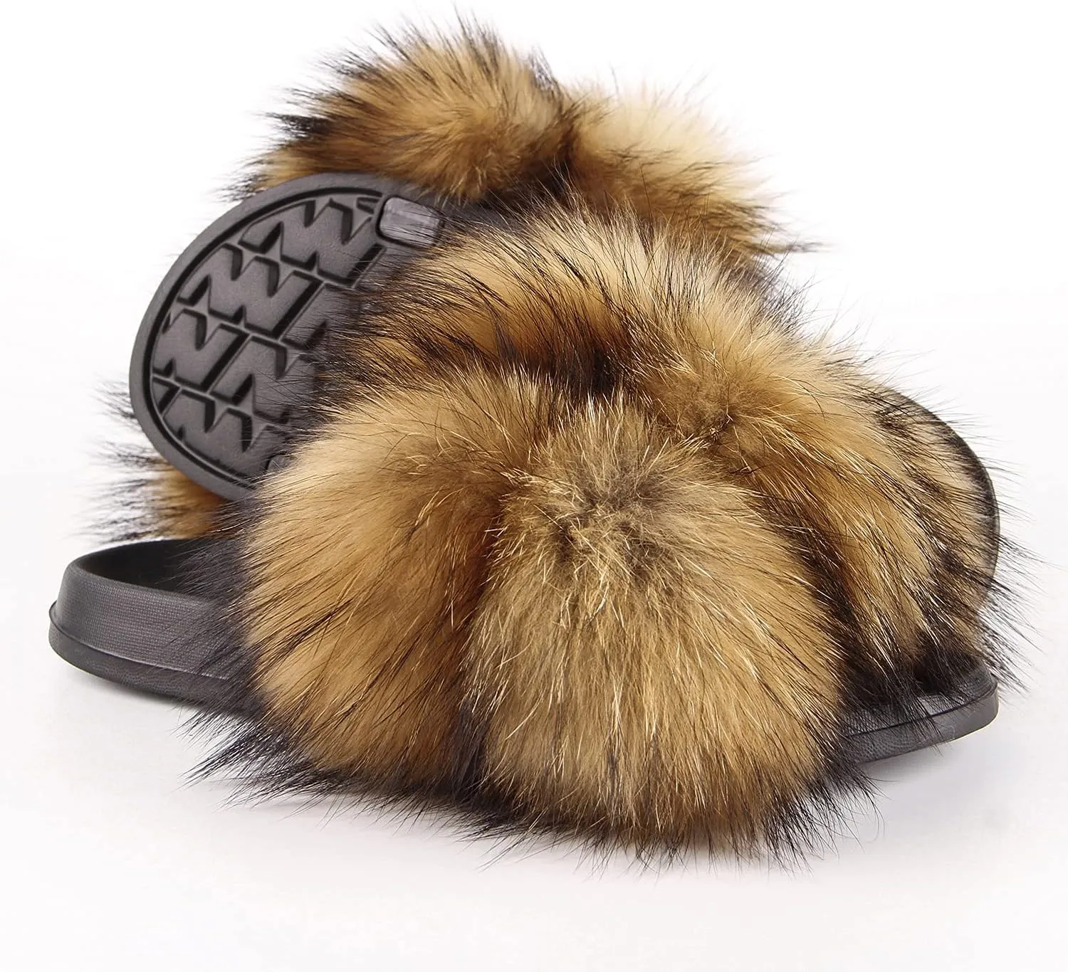 Women's Real Fox Fur Slides, Open-Toe Sandals, Indoor and Outdoor Non-Slip Slippers, Soft Pompom