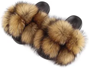 Women's Real Fox Fur Slides, Open-Toe Sandals, Indoor and Outdoor Non-Slip Slippers, Soft Pompom