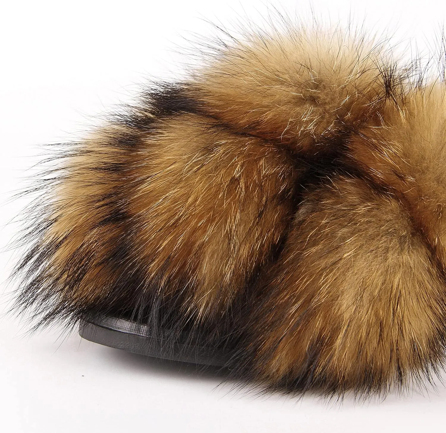 Women's Real Fox Fur Slides, Open-Toe Sandals, Indoor and Outdoor Non-Slip Slippers, Soft Pompom