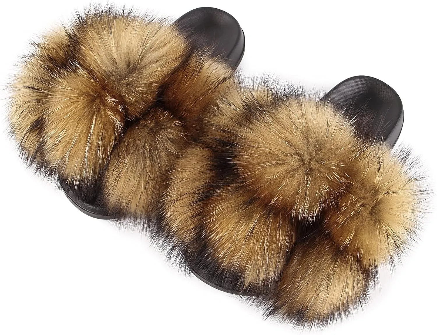 Women's Real Fox Fur Slides, Open-Toe Sandals, Indoor and Outdoor Non-Slip Slippers, Soft Pompom
