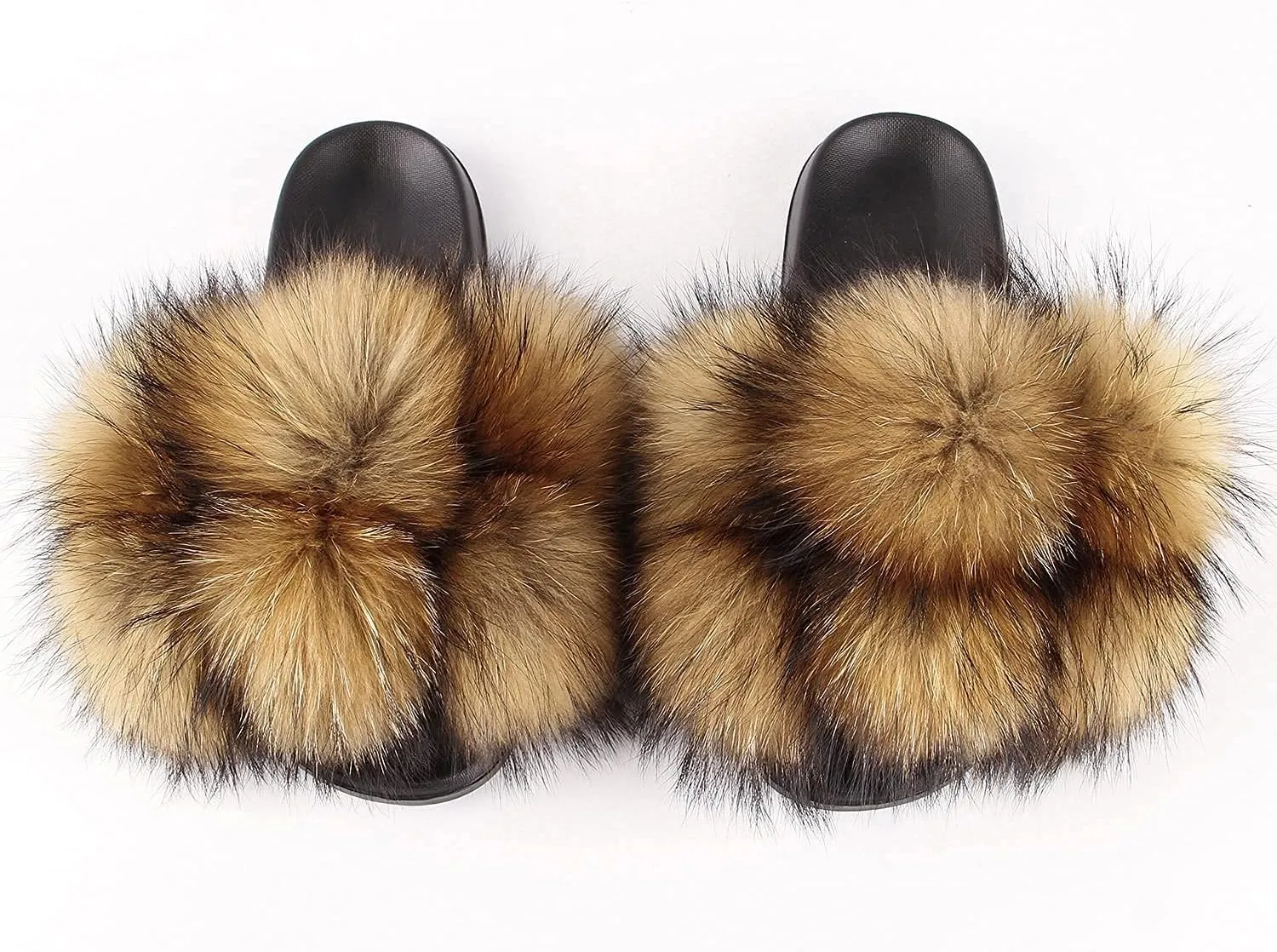 Women's Real Fox Fur Slides, Open-Toe Sandals, Indoor and Outdoor Non-Slip Slippers, Soft Pompom