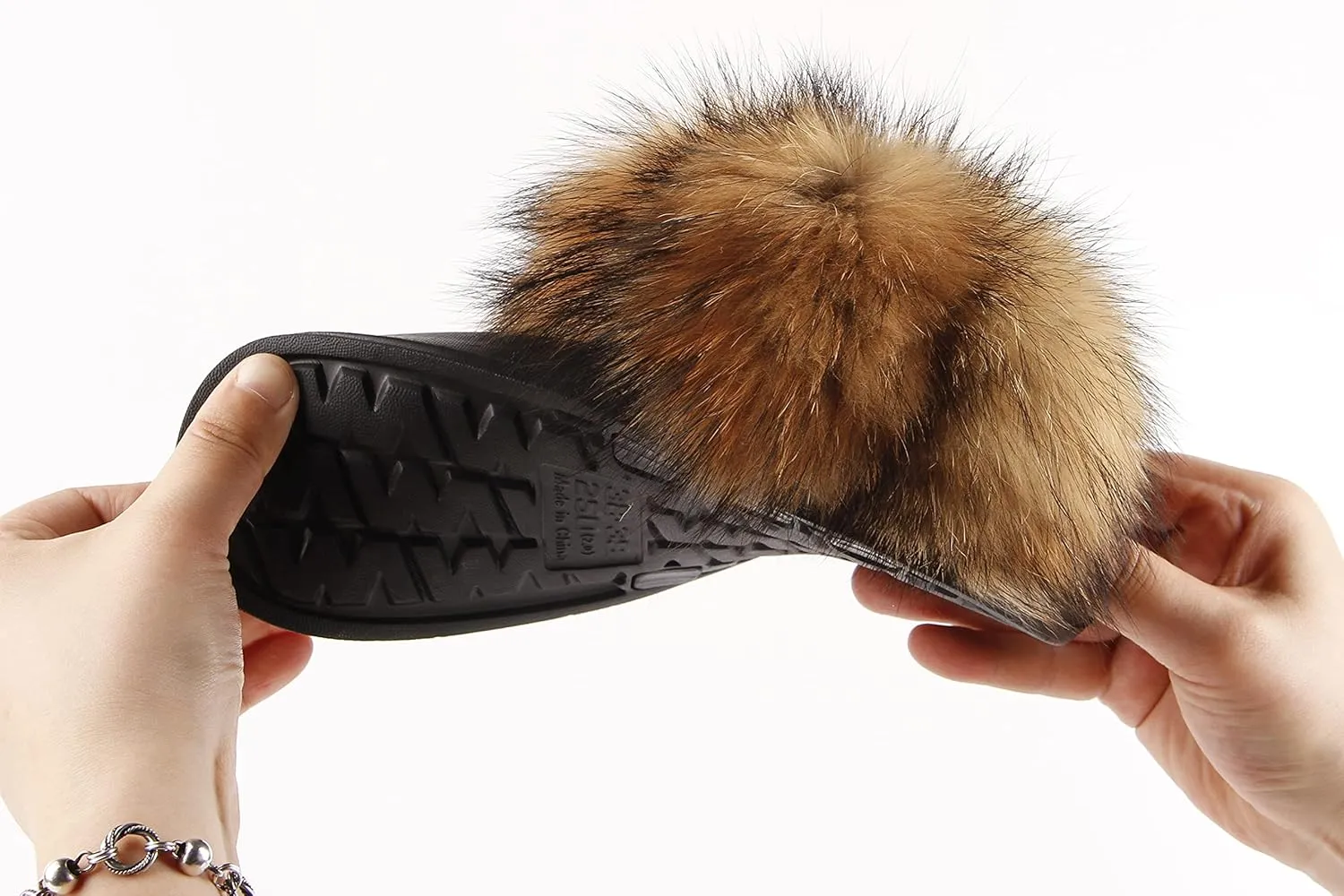 Women's Real Fox Fur Slides, Open-Toe Sandals, Indoor and Outdoor Non-Slip Slippers, Soft Pompom