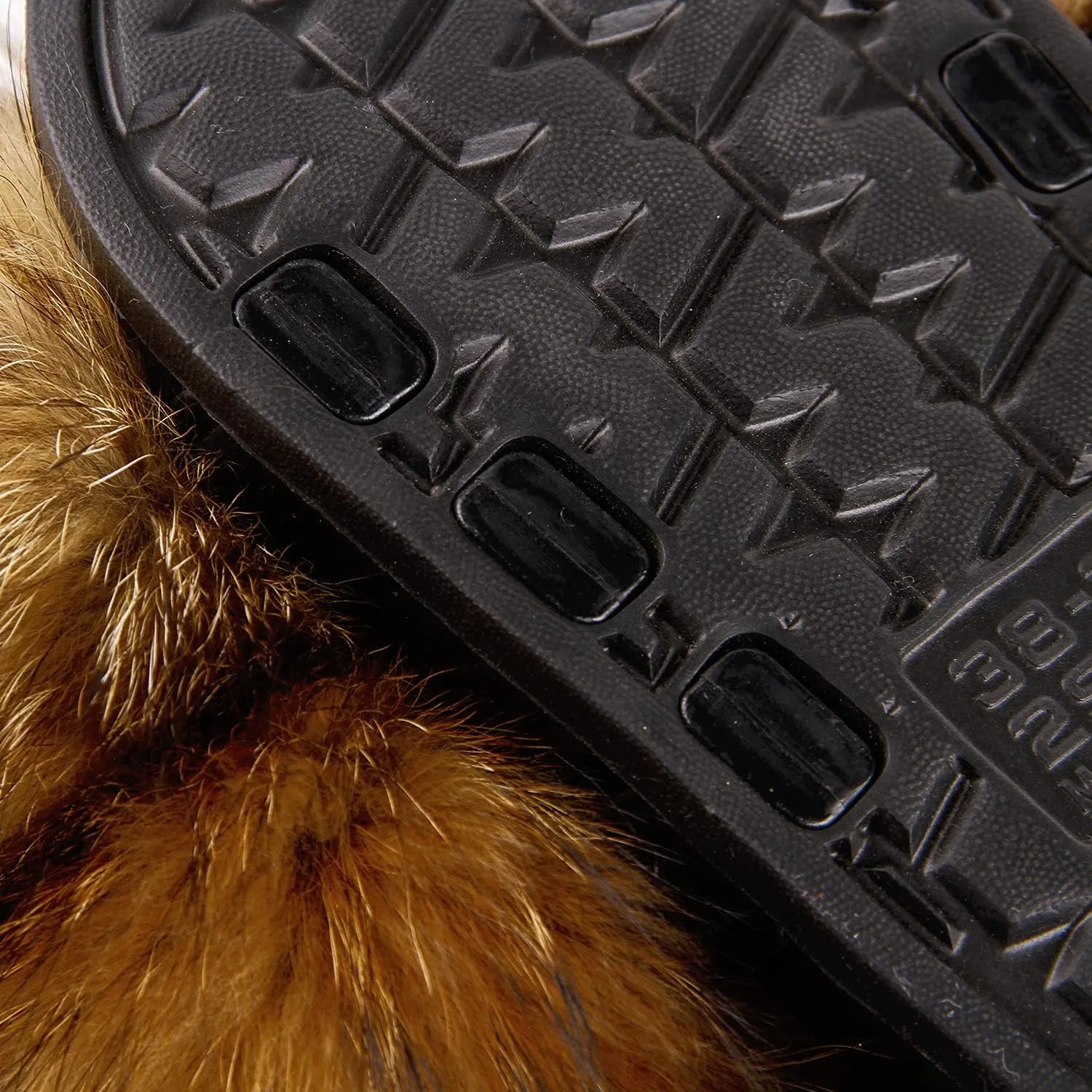 Women's Real Fox Fur Slides, Open-Toe Sandals, Indoor and Outdoor Non-Slip Slippers, Soft Pompom