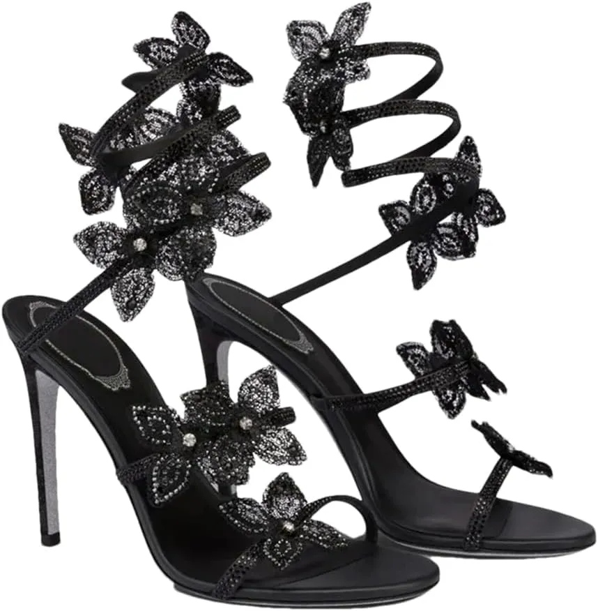 Women’S Rhinestone Flowers Gladiator Sandals Snake Twine Ankle Strap High Heels Slip-On Prom Shoes