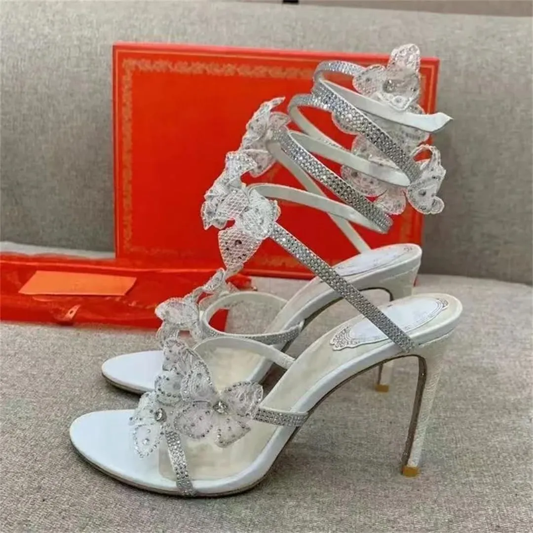 Women’S Rhinestone Flowers Gladiator Sandals Snake Twine Ankle Strap High Heels Slip-On Prom Shoes