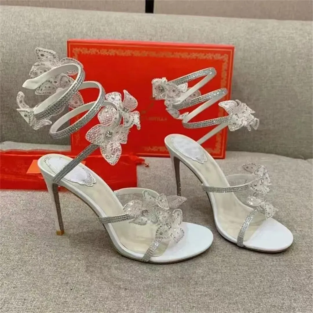 Women’S Rhinestone Flowers Gladiator Sandals Snake Twine Ankle Strap High Heels Slip-On Prom Shoes