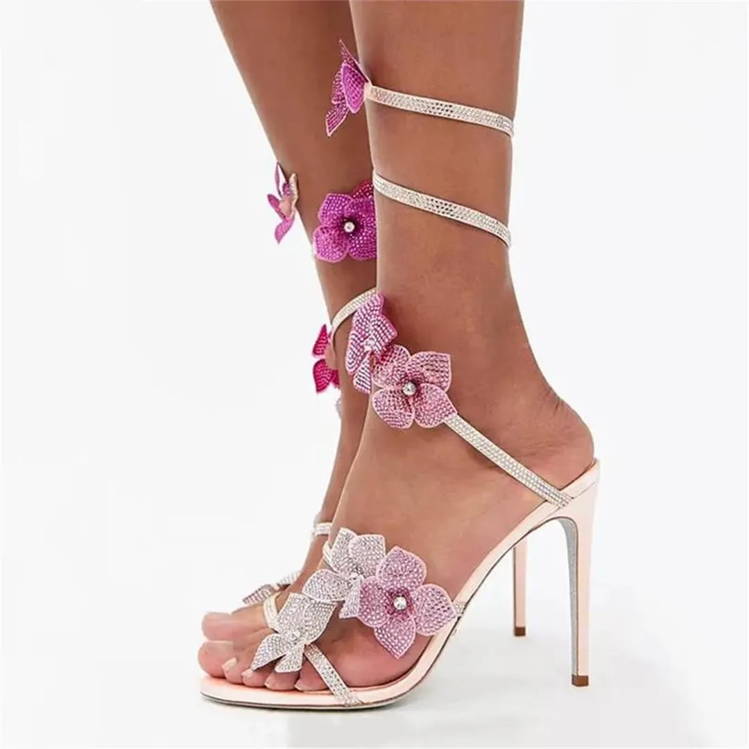 Women’S Rhinestone Flowers Gladiator Sandals Snake Twine Ankle Strap High Heels Slip-On Prom Shoes