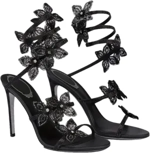 Women’S Rhinestone Flowers Gladiator Sandals Snake Twine Ankle Strap High Heels Slip-On Prom Shoes