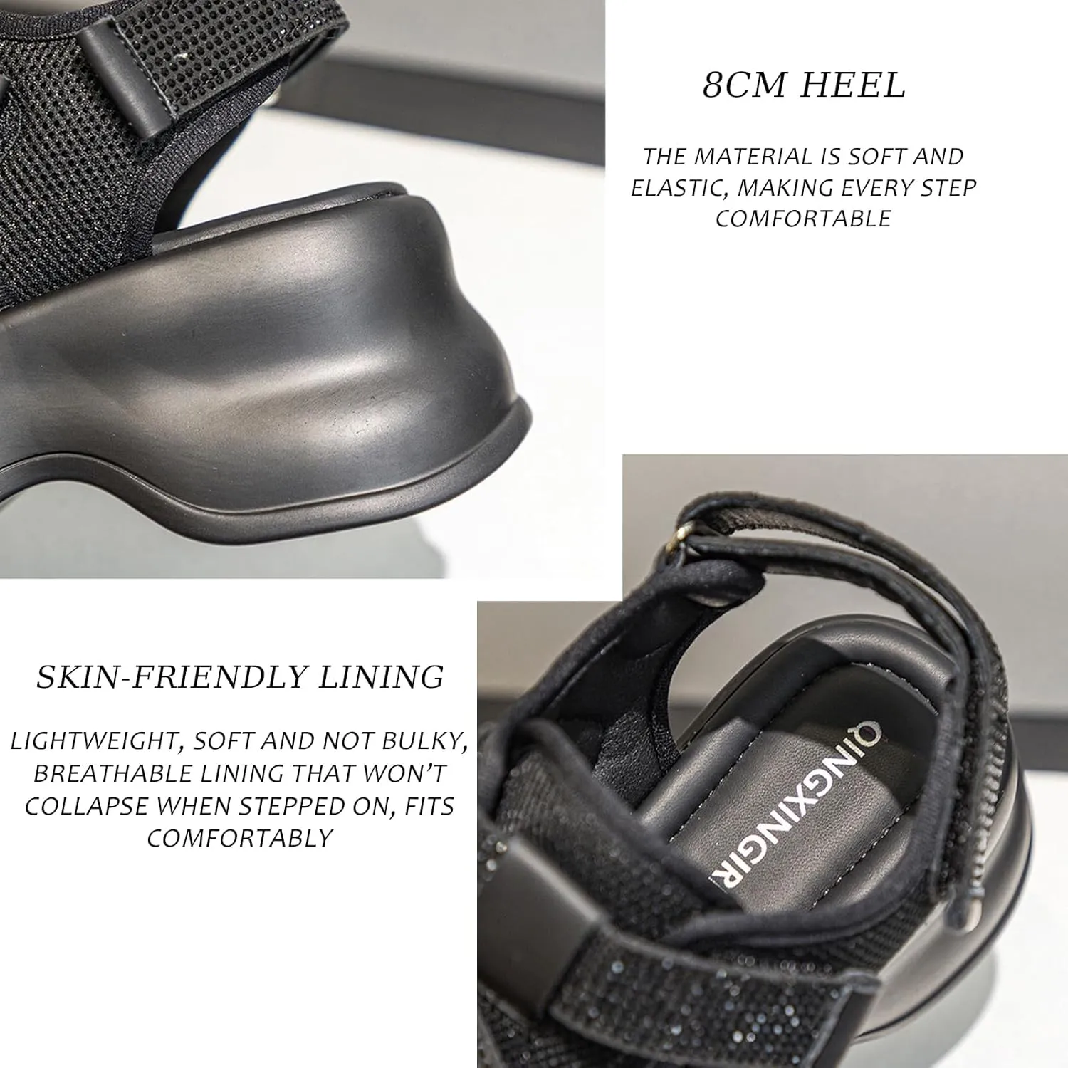Women'S Rhinestone Thick-Soled Sports Sandals With Adjustable Hook And Loop Fashionable Round-Toe Soft-Soled Non-Slip Casual Walking Sandals Suitable For Work And Shopping