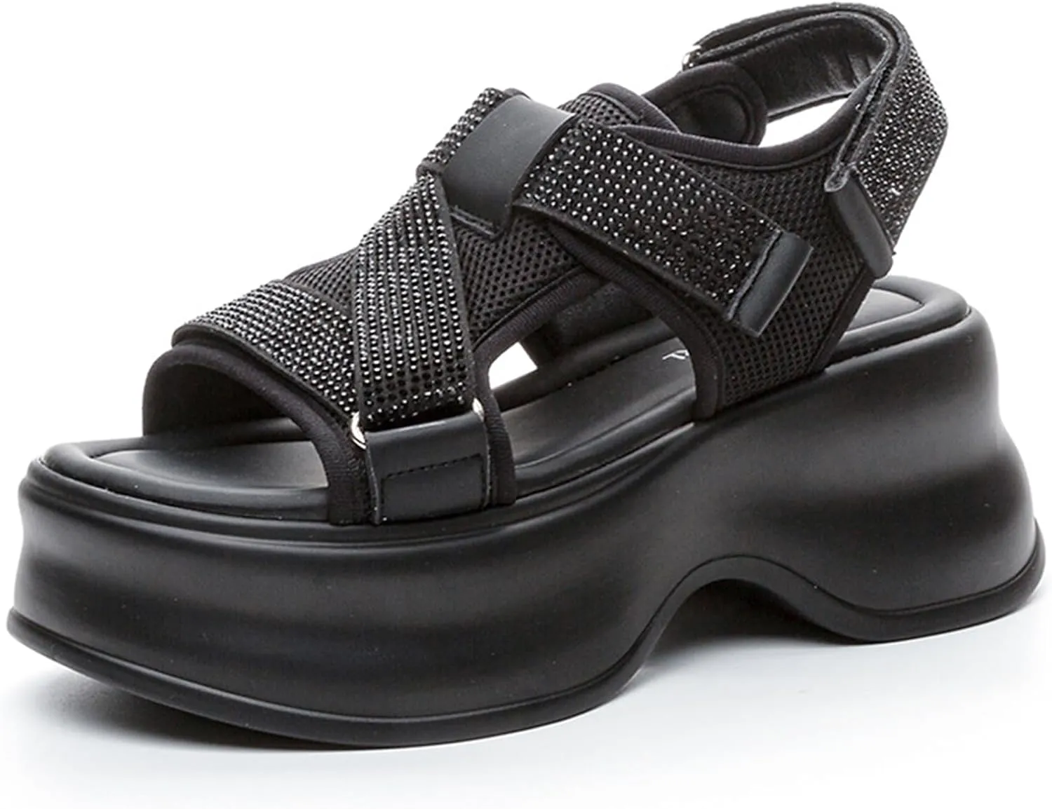 Women'S Rhinestone Thick-Soled Sports Sandals With Adjustable Hook And Loop Fashionable Round-Toe Soft-Soled Non-Slip Casual Walking Sandals Suitable For Work And Shopping