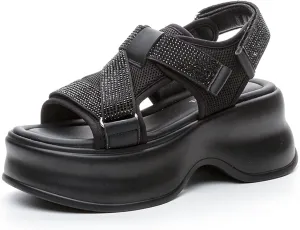 Women'S Rhinestone Thick-Soled Sports Sandals With Adjustable Hook And Loop Fashionable Round-Toe Soft-Soled Non-Slip Casual Walking Sandals Suitable For Work And Shopping
