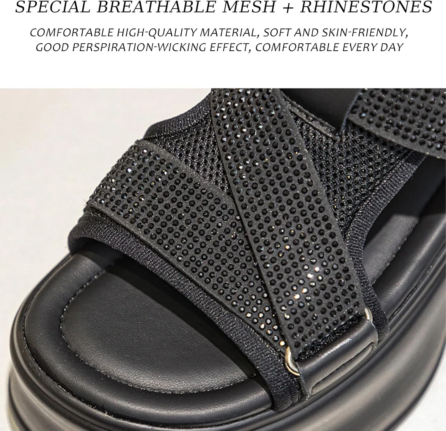 Women'S Rhinestone Thick-Soled Sports Sandals With Adjustable Hook And Loop Fashionable Round-Toe Soft-Soled Non-Slip Casual Walking Sandals Suitable For Work And Shopping