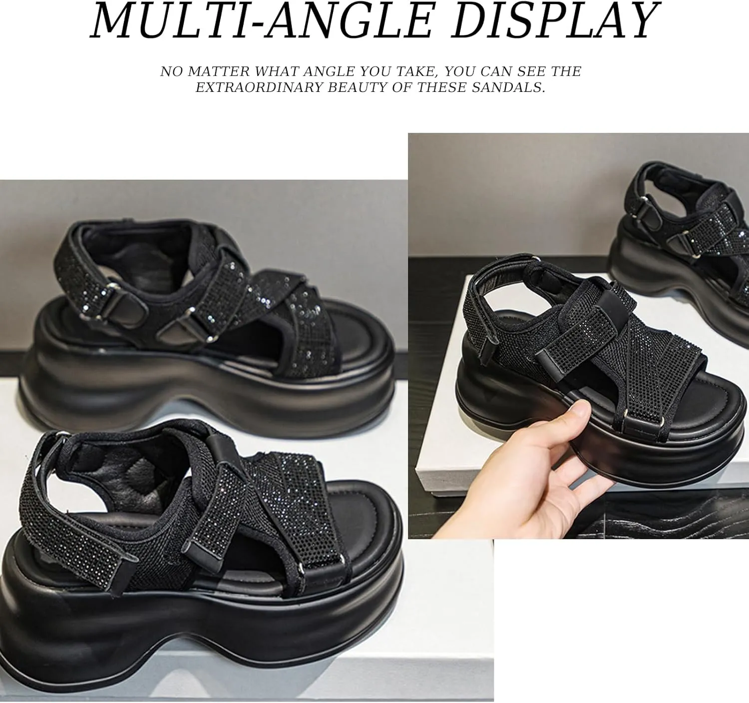Women'S Rhinestone Thick-Soled Sports Sandals With Adjustable Hook And Loop Fashionable Round-Toe Soft-Soled Non-Slip Casual Walking Sandals Suitable For Work And Shopping
