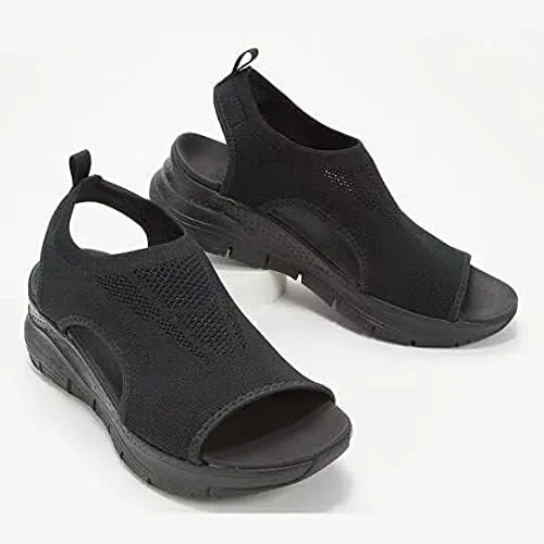 Women's Sandals, New Summer 2025 Mesh Fabric Thick-Soled and Soft-Soled Casual Sports Women's Shoes, Flat Knitted Open-Toe Shoes