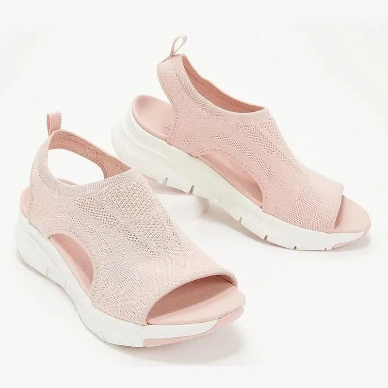 Women's Sandals, New Summer 2025 Mesh Fabric Thick-Soled and Soft-Soled Casual Sports Women's Shoes, Flat Knitted Open-Toe Shoes