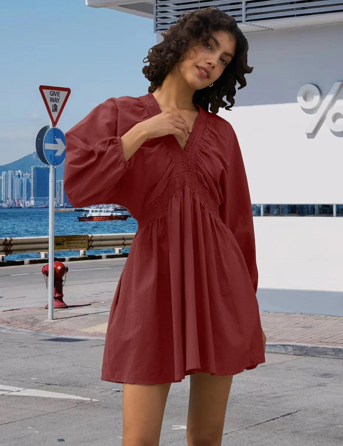 Women's Sexy Long Sleeve V Neck Tunic Dress Casual Loose Flowy Mini Swing Shift Dresses
