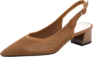 Women's Slingback Block Heel Pumps Ladies Closed Pointed Toe Weave Sandals Evening Dress Heels
