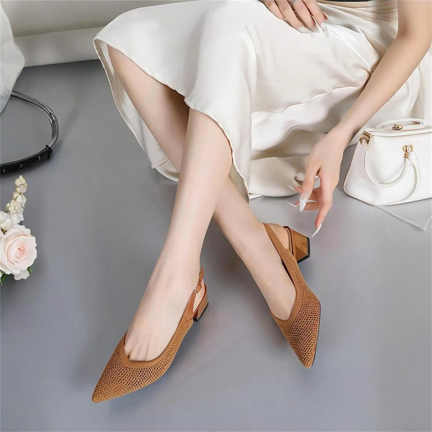 Women's Slingback Block Heel Pumps Ladies Closed Pointed Toe Weave Sandals Evening Dress Heels