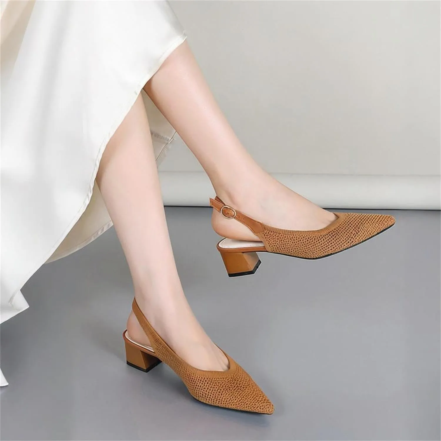 Women's Slingback Block Heel Pumps Ladies Closed Pointed Toe Weave Sandals Evening Dress Heels