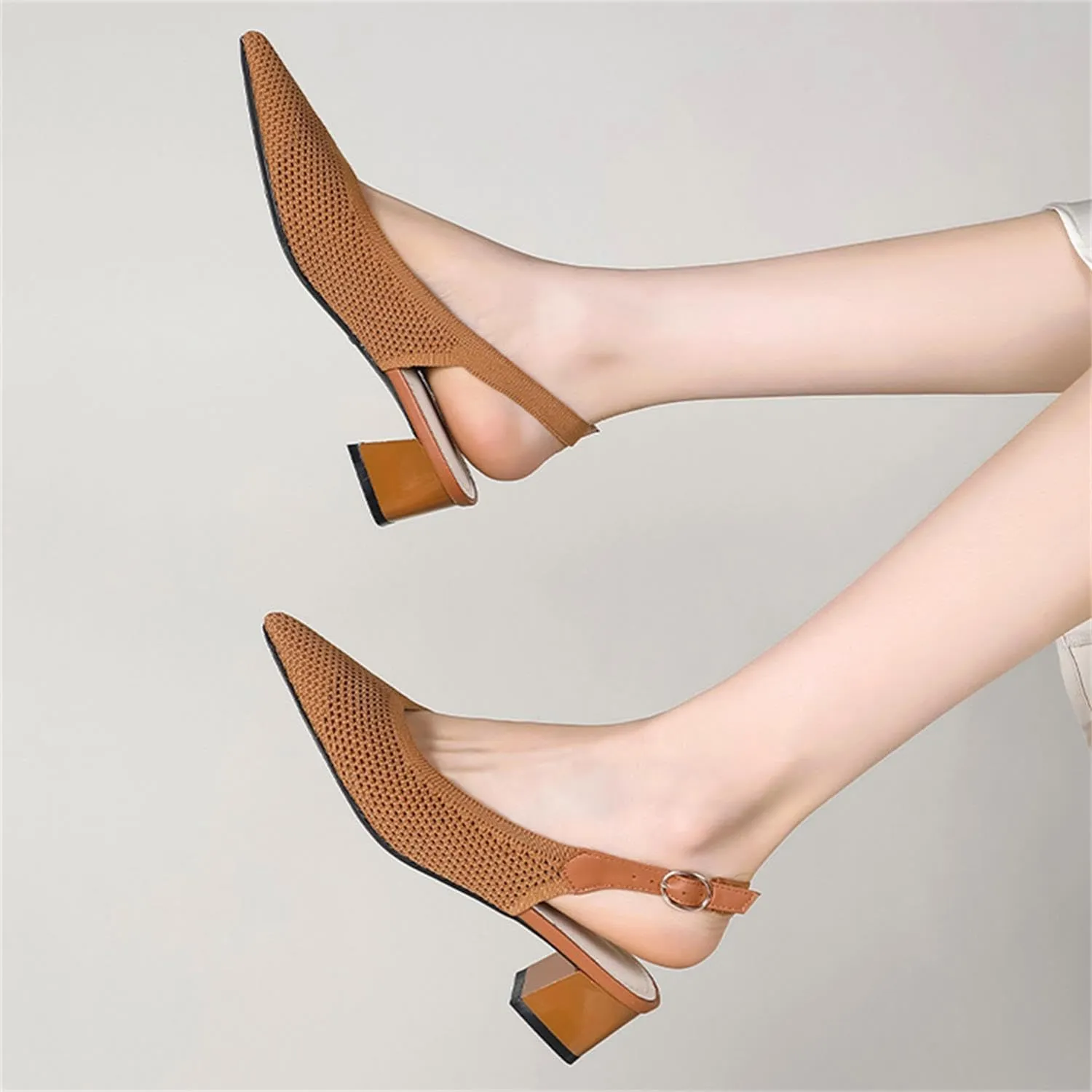 Women's Slingback Block Heel Pumps Ladies Closed Pointed Toe Weave Sandals Evening Dress Heels